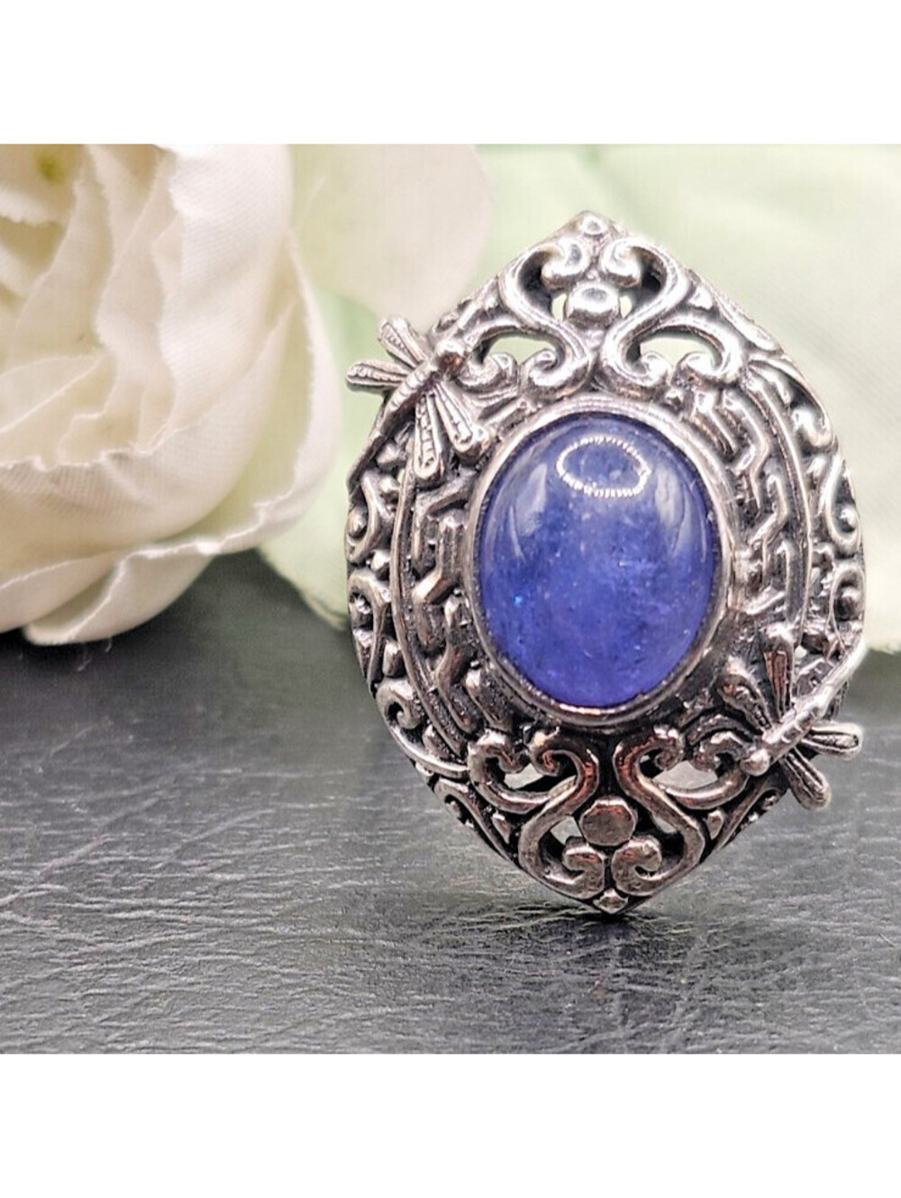 925 Sterling Silver Tanzanite Dragonfly Ring Filigree Bali Artisan Style Sz 8